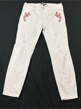 Angel Kiss White Skinny Jeans with Pink Rose Embroidery